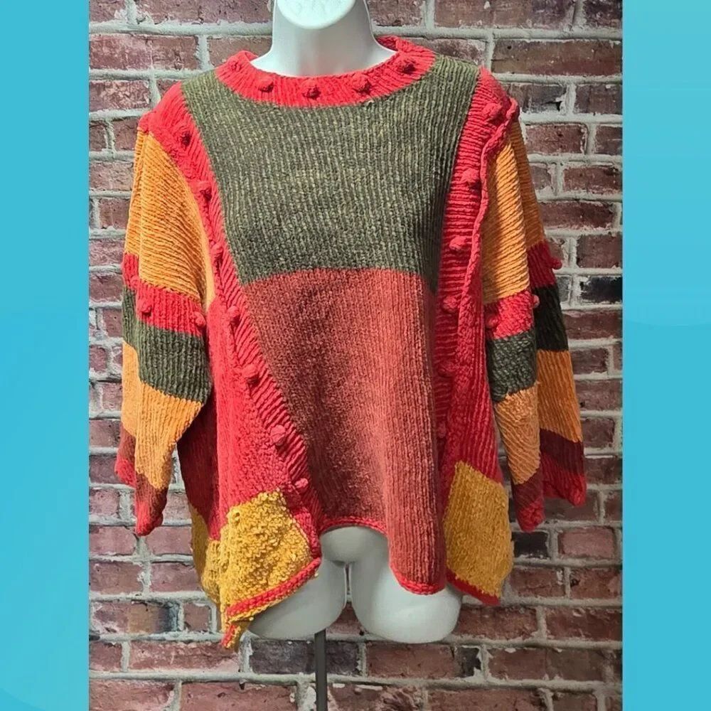 Liz Barr Knitwear Vintage 90s Patchwork Sweater Large Red Orange Oversized